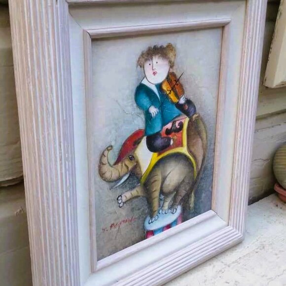 Signed J Roybal Whimsical Violinist on an Elephant Painting Framed - Picture 5 of 11